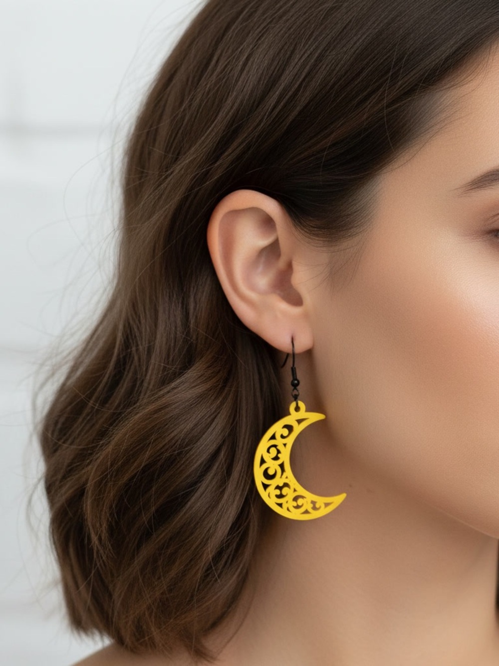 Yellow Crescent Moon Filigree Drop Earrings - Women Jewelry